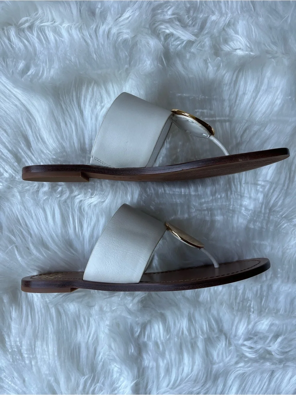 🆕 Tory Burch Patos Disc Sandals- Calf Leather Ivory/Gold Size 8.5 Dustbag